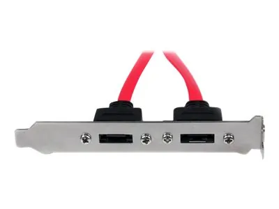 2 Port SATA to eSATA Slot Plate Bracket - Serial ATA internal to external panel - 7 pin Serial ATA - 7 pin external Serial ATA - Turn two standard SATA motherboard connections into two external eSATA ports. - sata to esata plate - sata to esata bracket - esata slot bracket