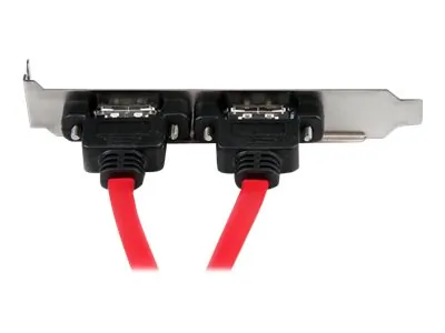 2 Port SATA to eSATA Slot Plate Bracket - Serial ATA internal to external panel - 7 pin Serial ATA - 7 pin external Serial ATA - Turn two standard SATA motherboard connections into two external eSATA ports. - sata to esata plate - sata to esata bracket - esata slot bracket