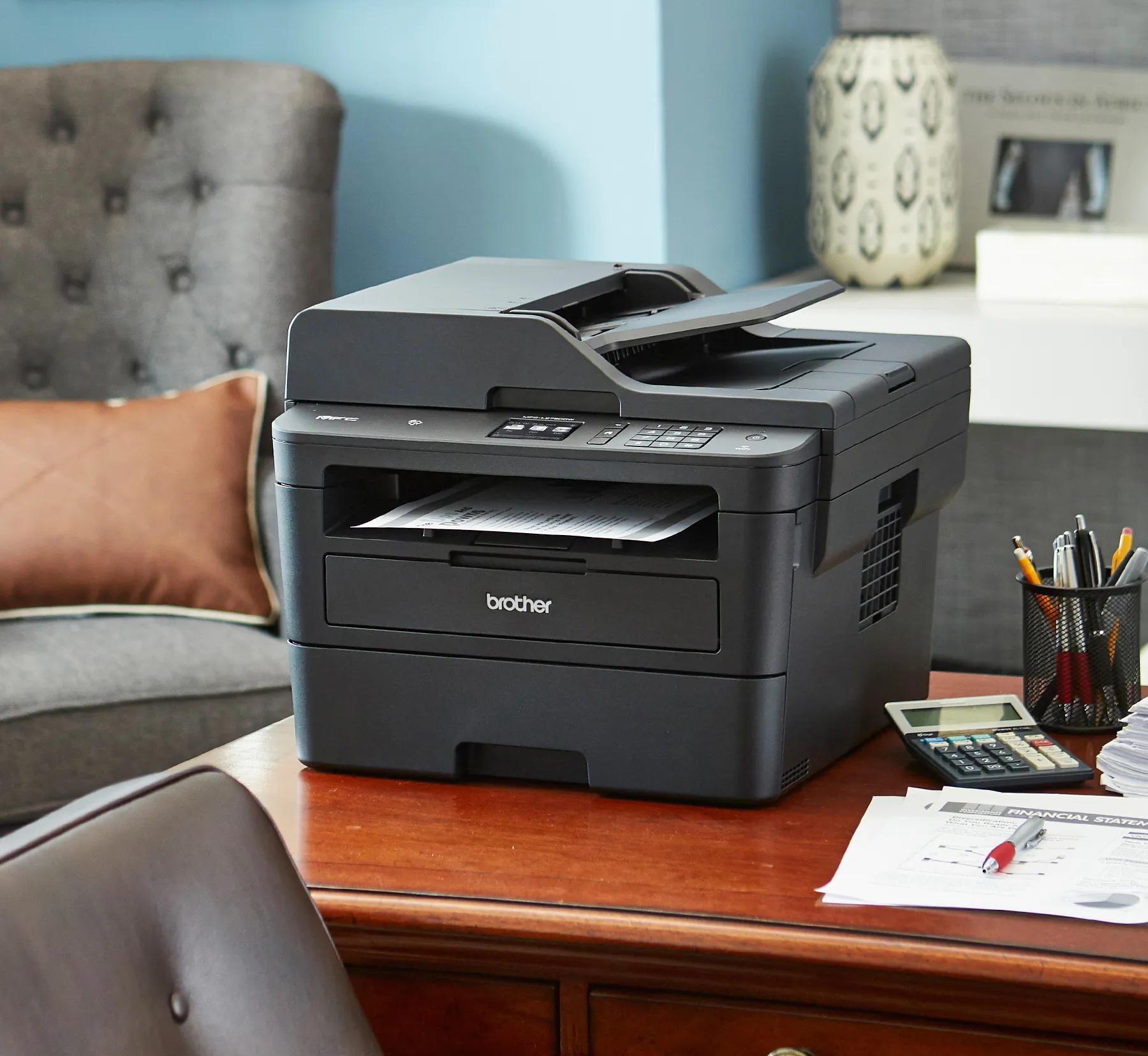 Brother MFC-L2750DW Monochrome Compact Laser All-in-One Printer with 2.7 Color Touchscreen, Single-pass Duplex Copy & Scan, and Wireless & NFC - Copier/Fax/Printer/Scanner - 36 ppm Mono Print - 2400 x 600 dpi Print - Automatic Duplex Print - 1 x Input Tray 250 Sheet, 1 x Automatic Document Feeder 50 Sheet, 1 x Output Bin 100 Sheet, 1 x Output Tray 1 Sheet - 2.7 LCD Touchscreen - 1200 dpi Optical Scan - 250 sheets Input - Ethernet - Wireless LAN - USB - 2000 Recommended Monthly Print Volum