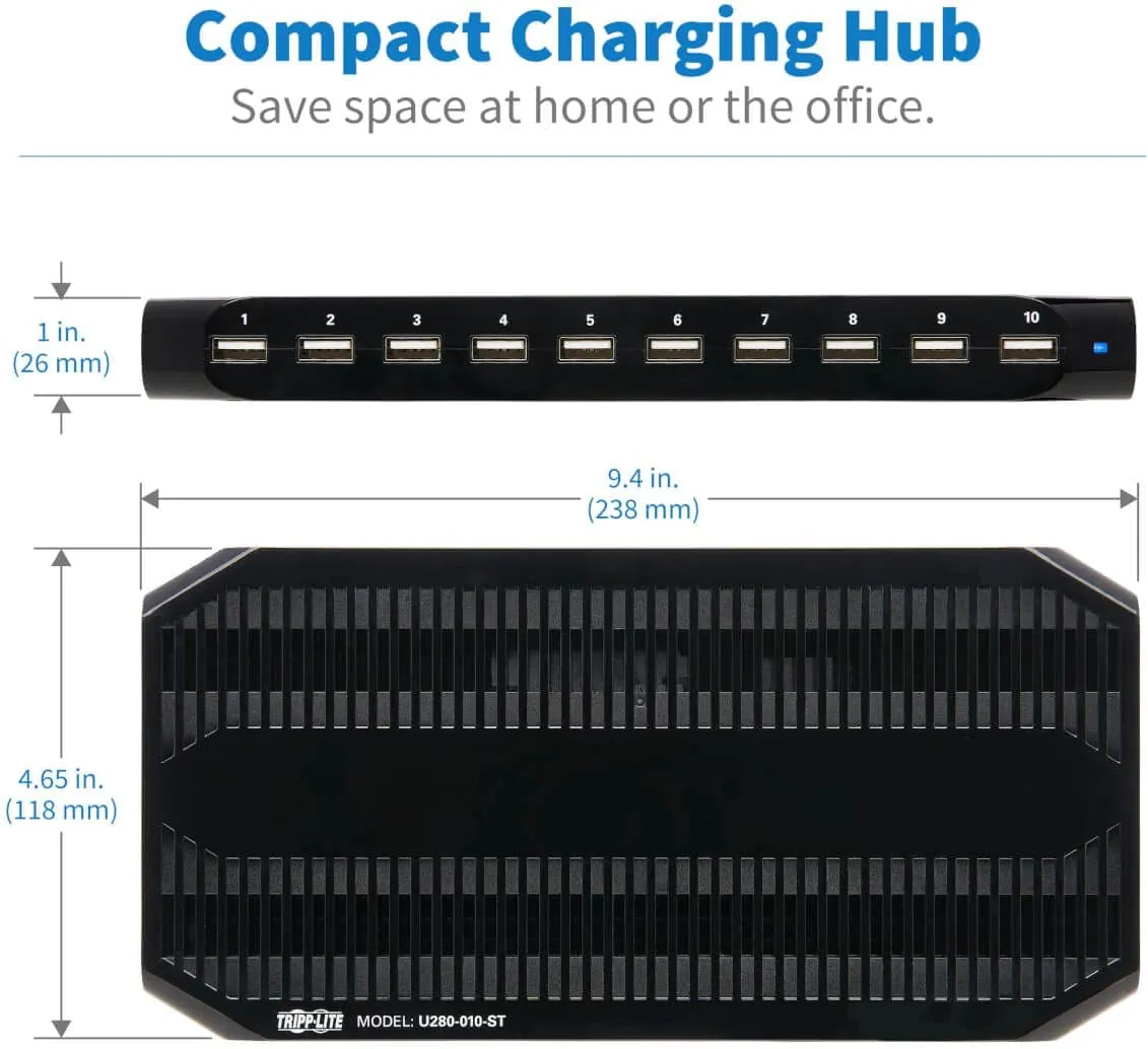 Tripp Lite 10-Port USB Charging Station Hub w Adjustable Storage Tablet / Smartphone / iPad / Iphone 5V 21A 105W - 12 V DC Input Voltage - 5 V DC Output Voltage - 2.40 A Output Current