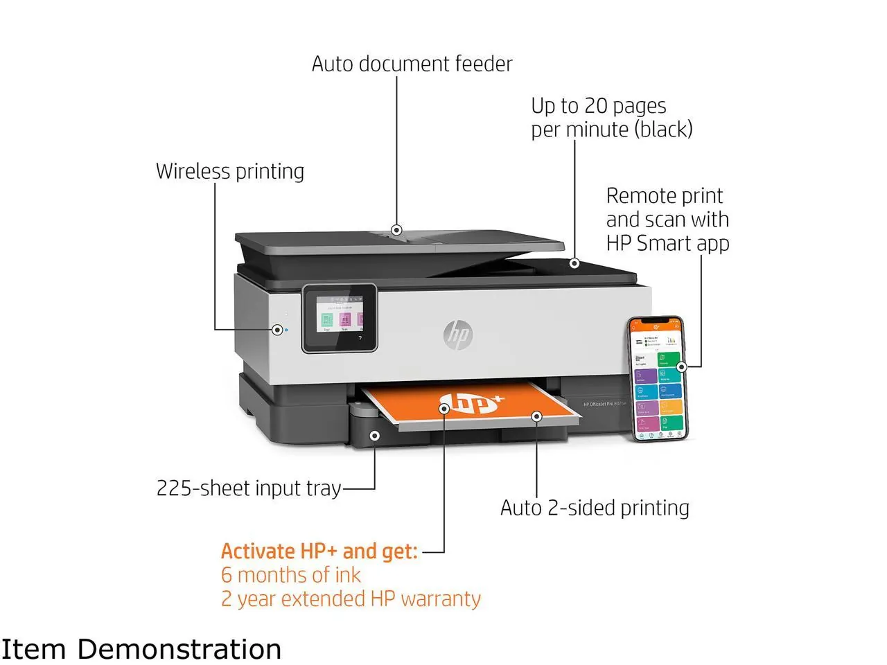 HP Officejet Pro 8000 8025e Wireless Inkjet Multifunction Printer - Color - White - Copier/Fax/Printer/Scanner - 29 ppm Mono/25 ppm Color Print - 4800 x 1200 dpi Print - Automatic Duplex Print - Upto 20000 Pages Monthly - 225 sheets Input - Color Flatbed Scanner - 1200 dpi Optical Scan - Color Fax - Ethernet - Wireless LAN - HP Smart App, Apple AirPrint, Wi-Fi Direct, Mopria - USB - 1 Each - For Plain Paper Print