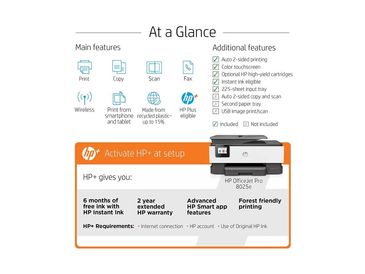 HP Officejet Pro 8000 8025e Wireless Inkjet Multifunction Printer - Color - White - Copier/Fax/Printer/Scanner - 29 ppm Mono/25 ppm Color Print - 4800 x 1200 dpi Print - Automatic Duplex Print - Upto 20000 Pages Monthly - 225 sheets Input - Color Flatbed Scanner - 1200 dpi Optical Scan - Color Fax - Ethernet - Wireless LAN - HP Smart App, Apple AirPrint, Wi-Fi Direct, Mopria - USB - 1 Each - For Plain Paper Print