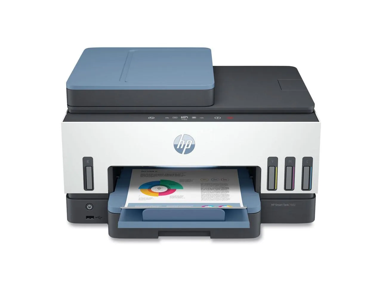 HP Smart Tank 7602 Wireless Inkjet Multifunction Printer - Color - White - Copier/Fax/Printer/Scanner - 4800 x 1200 dpi Print - Automatic Duplex Print - Up to 6000 Pages Monthly - Color Flatbed Scanner - 1200 dpi Optical Scan - Color Fax - Gigabit Ethernet Ethernet - Wireless LAN - Apple AirPrint, Mopria, HP Print Service Plugin, Wi-Fi Direct - USB - 1 Each - For Plain Paper Print