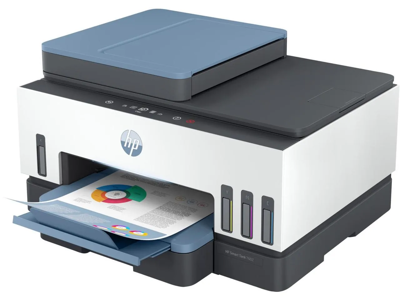 HP Smart Tank 7602 Wireless Inkjet Multifunction Printer - Color - White - Copier/Fax/Printer/Scanner - 4800 x 1200 dpi Print - Automatic Duplex Print - Up to 6000 Pages Monthly - Color Flatbed Scanner - 1200 dpi Optical Scan - Color Fax - Gigabit Ethernet Ethernet - Wireless LAN - Apple AirPrint, Mopria, HP Print Service Plugin, Wi-Fi Direct - USB - 1 Each - For Plain Paper Print