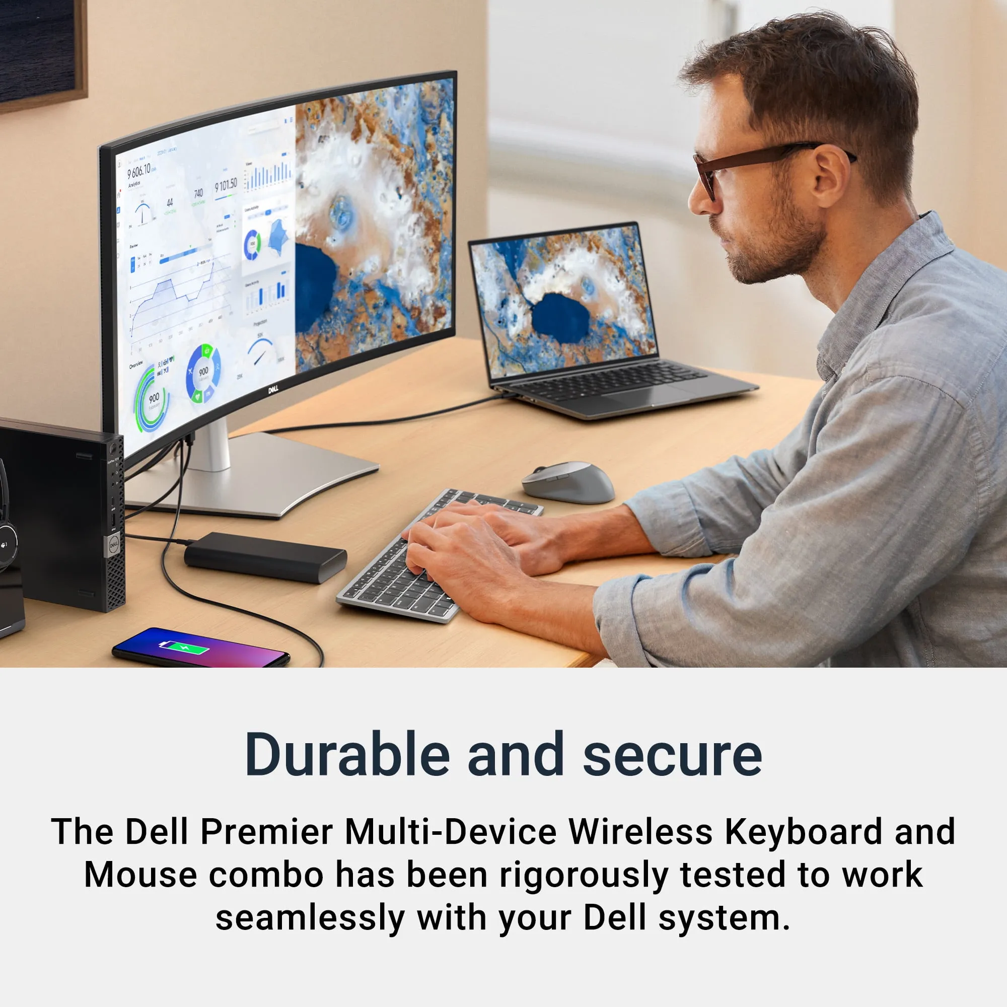 ell Premier Multi-Device Wireless Keyboard and Mouse (Gray), Keyboard 2 AAA Type, Mouse 1 AA Type, 2.4 GHz, Bluetooth 5.0, USB wireless receiver, Optical Movement Detection Technology, 3-year warranty