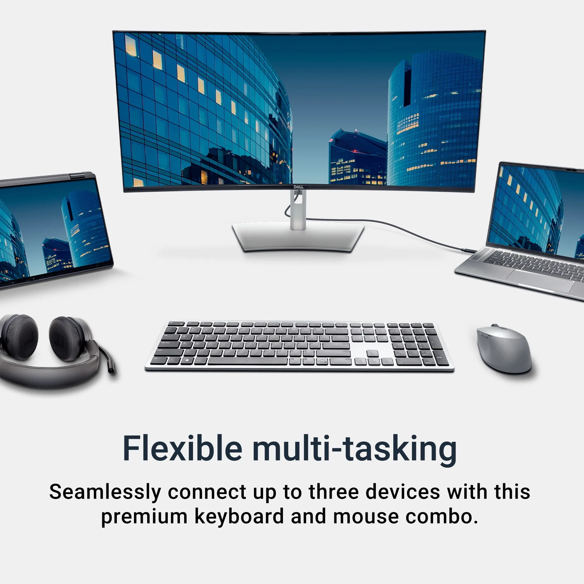 ell Premier Multi-Device Wireless Keyboard and Mouse (Gray), Keyboard 2 AAA Type, Mouse 1 AA Type, 2.4 GHz, Bluetooth 5.0, USB wireless receiver, Optical Movement Detection Technology, 3-year warranty