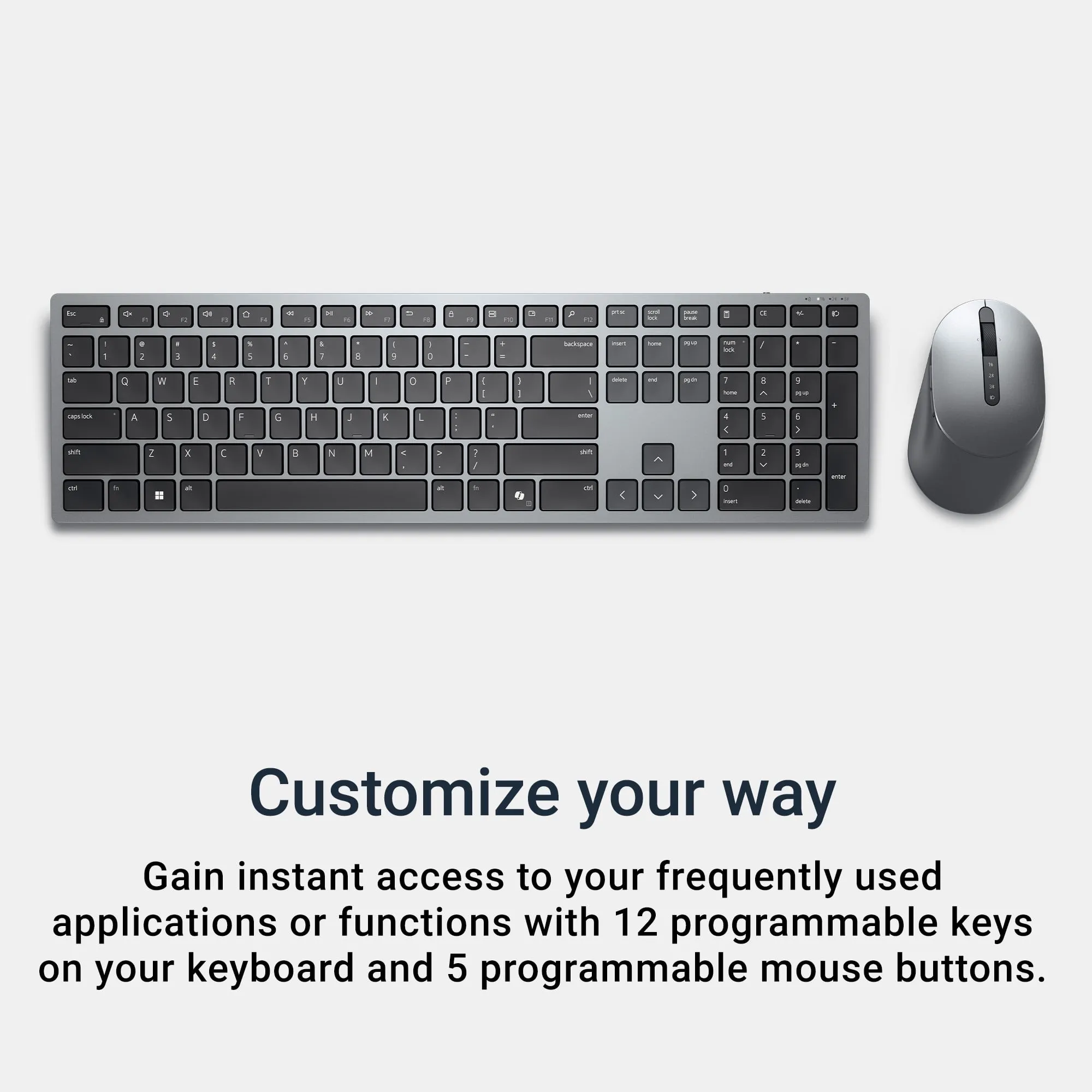ell Premier Multi-Device Wireless Keyboard and Mouse (Gray), Keyboard 2 AAA Type, Mouse 1 AA Type, 2.4 GHz, Bluetooth 5.0, USB wireless receiver, Optical Movement Detection Technology, 3-year warranty
